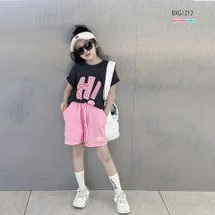 Bộ thun cotton áo nhún eo chữ HI quần sort dây gút dễ thương cho bé gái BXG1210