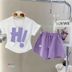 Bộ thun cotton áo nhún eo chữ HI quần sort dây gút dễ thương cho bé gái BXG1210