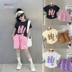 Bộ thun cotton áo nhún eo chữ HI quần sort dây gút dễ thương cho bé gái BXG1210
