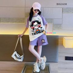 Bộ thun áo raplang in bé gái tóc xù dễ thương cho bé gái BXG1638