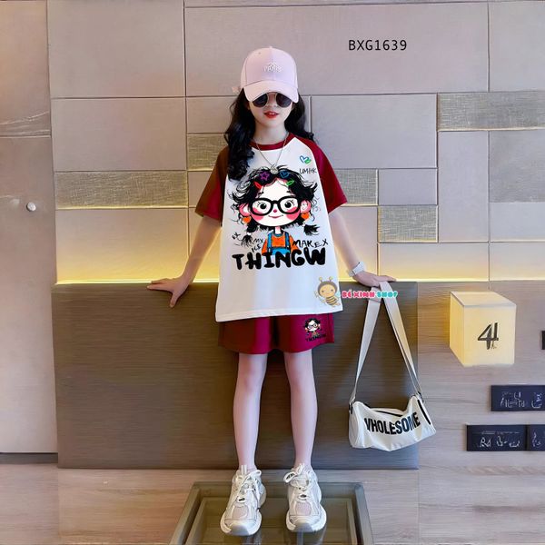 Bộ thun áo raplang in bé gái tóc xù dễ thương cho bé gái BXG1638