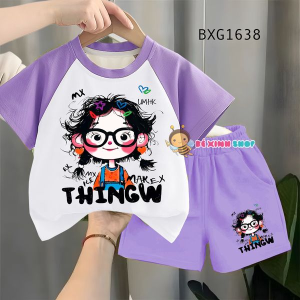 Bộ thun áo raplang in bé gái tóc xù dễ thương cho bé gái BXG1638