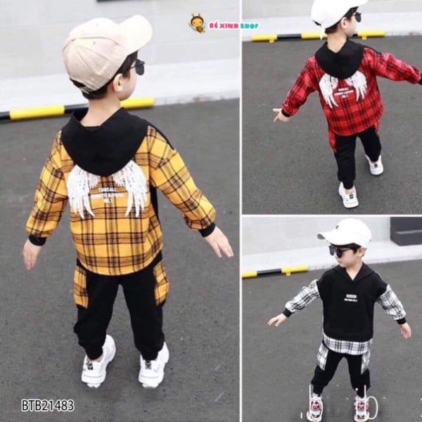 [XẢ KHO]  Set áo nón đôi cánh phối vải caro dễ thương cho bé trai BTB21483