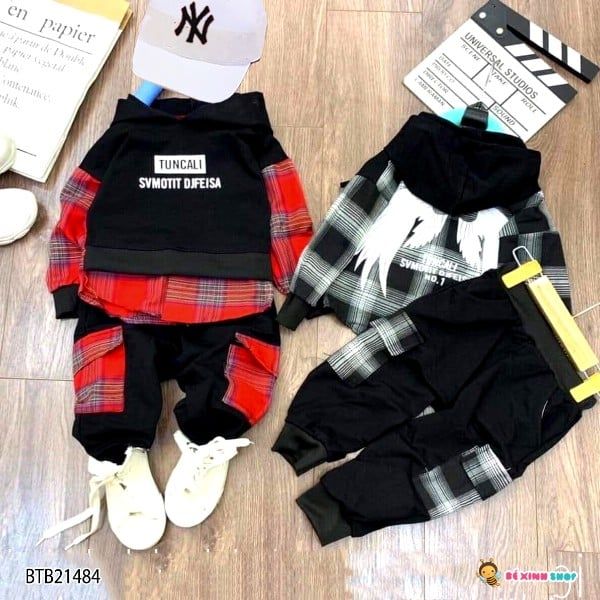 [XẢ KHO]  Set áo nón đôi cánh phối vải caro dễ thương cho bé trai BTB21483