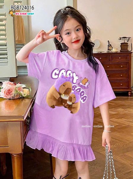 Đầm suông phối bèo Capy bara dễ thương cho bé gái BGB124016
