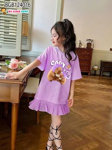Đầm suông phối bèo Capy bara dễ thương cho bé gái BGB124016