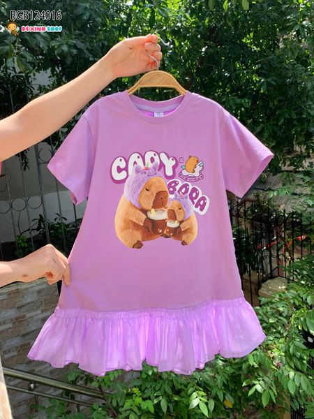 Đầm suông phối bèo Capy bara dễ thương cho bé gái BGB124016