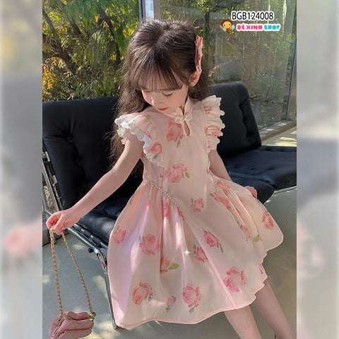 Đầm cổ tàu tay  cánh  tiên  in  bèo hồng dễ thương cho bé gái BGB124008