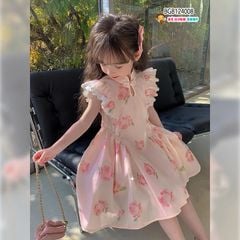 Đầm cổ tàu tay  cánh  tiên  in  bèo hồng dễ thương cho bé gái BGB124008