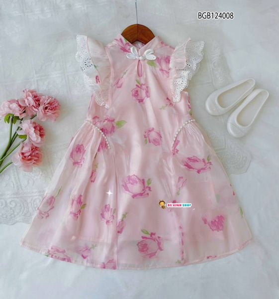 Đầm cổ tàu tay  cánh  tiên  in  bèo hồng dễ thương cho bé gái BGB124008