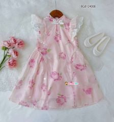 Đầm cổ tàu tay  cánh  tiên  in  bèo hồng dễ thương cho bé gái BGB124008