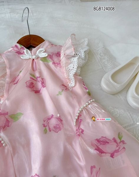 Đầm cổ tàu tay  cánh  tiên  in  bèo hồng dễ thương cho bé gái BGB124008