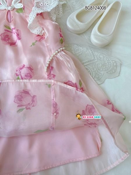 Đầm cổ tàu tay  cánh  tiên  in  bèo hồng dễ thương cho bé gái BGB124008