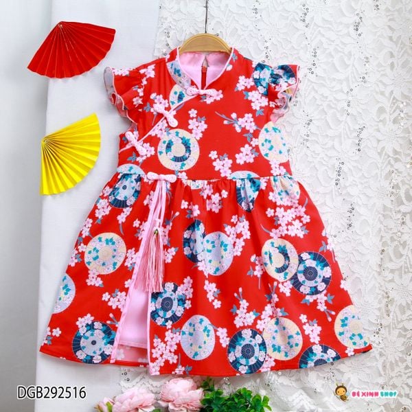 [XẢ KHO] Đầm cổ tàu hoa đào xẻ tà dễ thương cho bé gái Lễ Tết DGB292516
