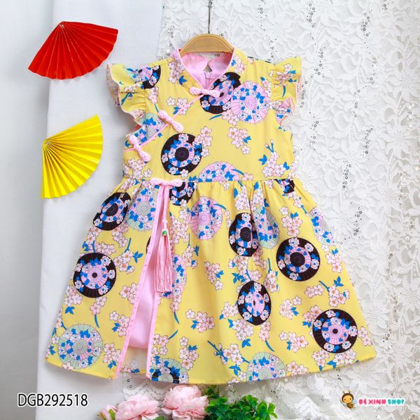 [XẢ KHO] Đầm cổ tàu hoa đào xẻ tà dễ thương cho bé gái Lễ Tết DGB292516