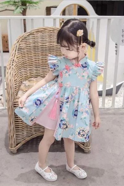[XẢ KHO] Đầm cổ tàu hoa đào xẻ tà dễ thương cho bé gái Lễ Tết DGB292516