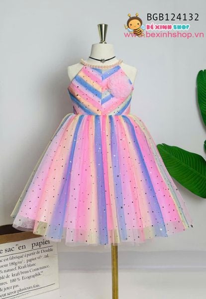 Đầm công chúa cầu vồng cổ yếm ly chéo kết cườm dễ thương cho bé gái BGB124132
