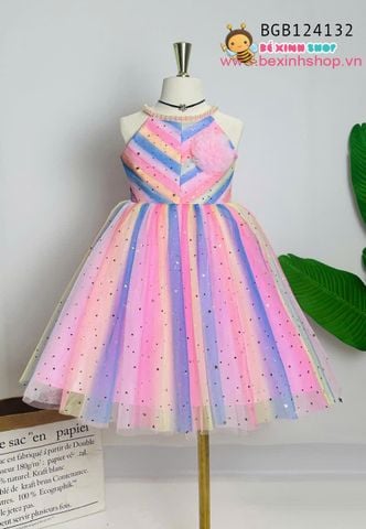 Đầm công chúa cầu vồng cổ yếm ly chéo kết cườm dễ thương cho bé gái BGB124132