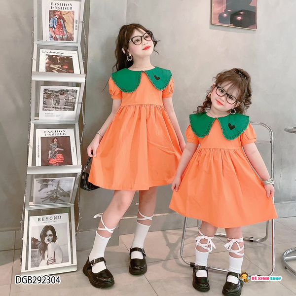 Đầm kate cổ sen thêu tim dễ thương cho bé gái DGB292303