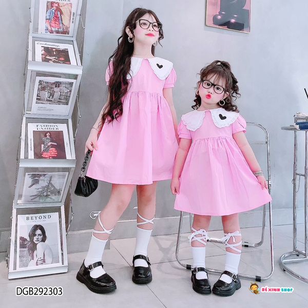 Đầm kate cổ sen thêu tim dễ thương cho bé gái DGB292303