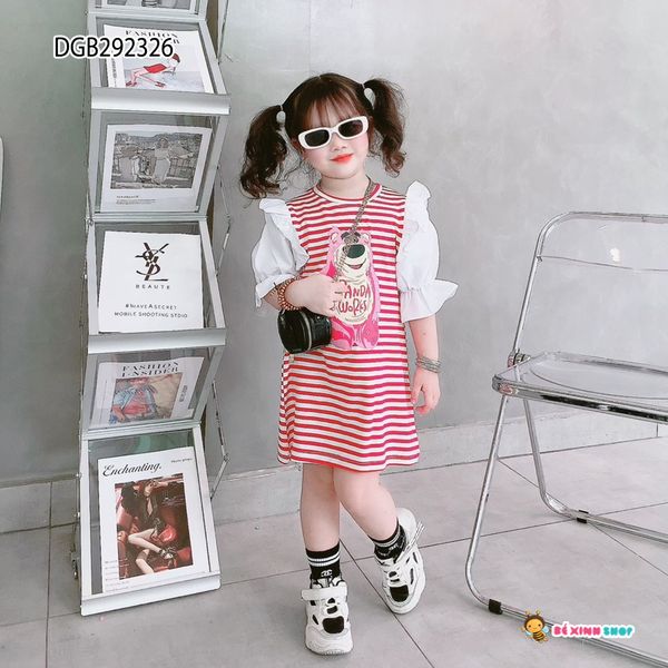Đầm sọc in gấu tay phối dễ thương cho bé gái DGB292324