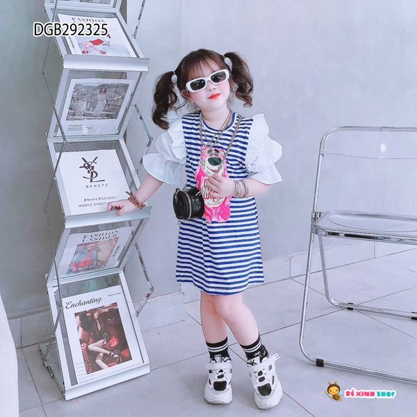 Đầm sọc in gấu tay phối dễ thương cho bé gái DGB292324