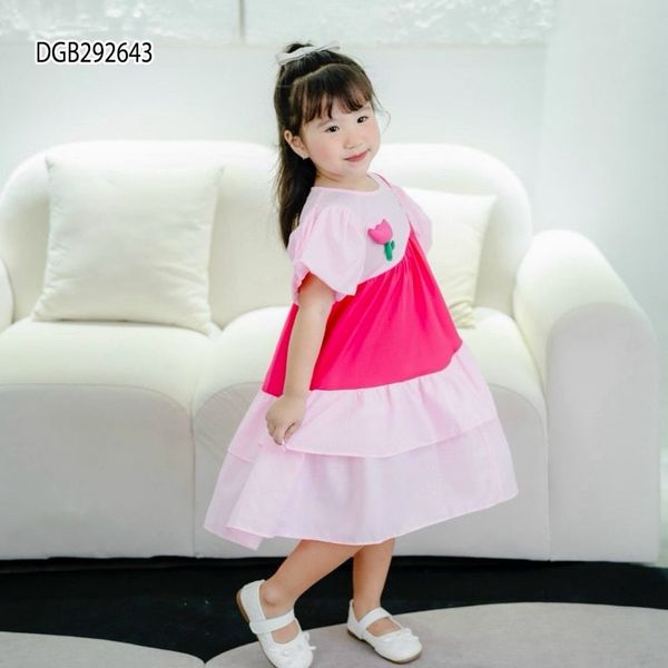 Đầm tầng babydoll đính hoa phối màu dễ thương cho bé gái dạo phố, đi học DGB292643