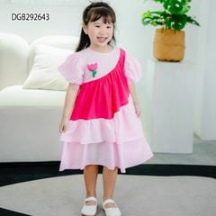 Đầm tầng babydoll đính hoa phối màu dễ thương cho bé gái dạo phố, đi học DGB292643