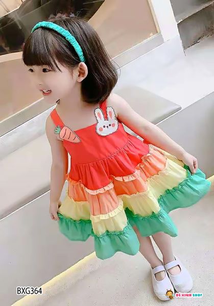 Đầm tầng phối màu đắp THỎ CÀ RỐT dễ  thương cho bé gái BXG364