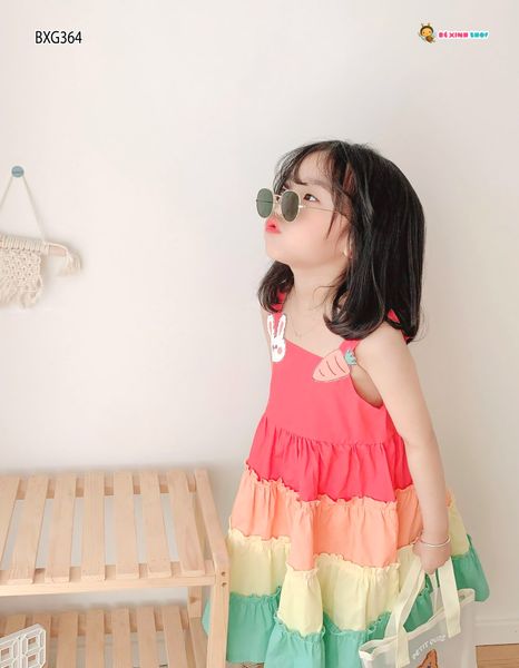 Đầm tầng phối màu đắp THỎ CÀ RỐT dễ  thương cho bé gái BXG364
