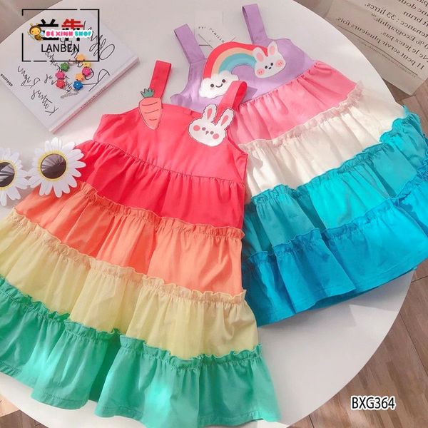 Đầm tầng phối màu đắp THỎ CÀ RỐT dễ  thương cho bé gái BXG364