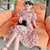 Đầm voan hoa tay phồng đan dây lưng dễ thương cho bé gái DGB292196