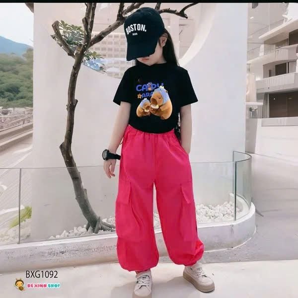 Bộ áo rút dây CapyBara quần kaki jogger túi hộp dễ thương cho bé gái đi chơi, học nhảy BXG1092