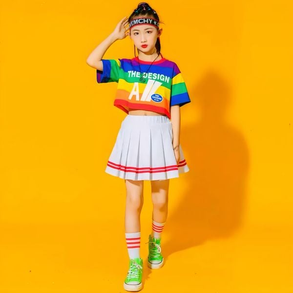 Set cầu vồng Hiphop cho bé trai & bé gái mang đôi, làm đồng phục nhảy BXG652