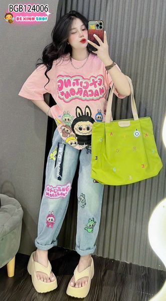 Set jean dài in Labubu dễ thương cho bé gái BGB124006