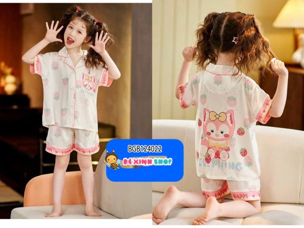 Set pijama lụa đùi hoạ tiết dễ thương cho bé gái BGB124021