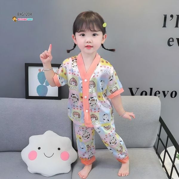 Pijama lụa mặc nhà ngắn tay dễ thương cho bé gái BXG1204