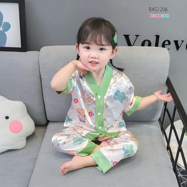 Pijama lụa mặc nhà ngắn tay dễ thương cho bé gái BXG1204