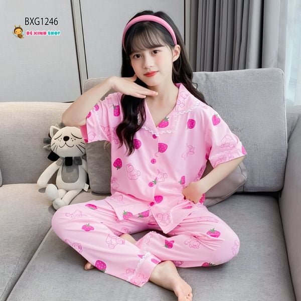 Pizama lụa dài mặc nhà dễ thương cho bé gái BXG1243