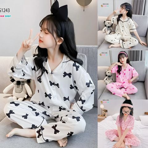 Pizama lụa dài mặc nhà dễ thương cho bé gái BXG1243