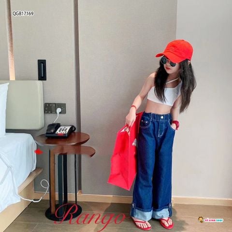 [XẢ KHO] Quần jeans ống rộng xắn lai dễ thương cho bé gái QGB17169
