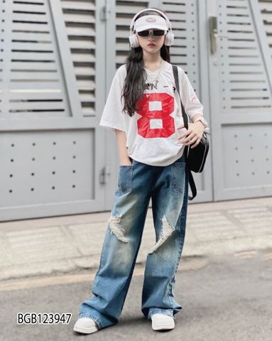 Quần jeans ống rộng wash rách dễ thương cho bé gái BGB123946