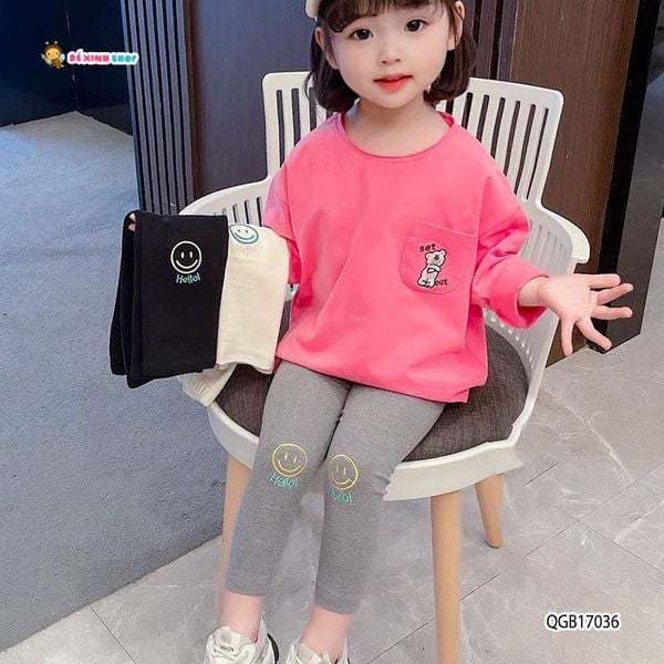 Quần legging thêu hình gấu & mặt cười dễ thương cho bé gái QGB17036
