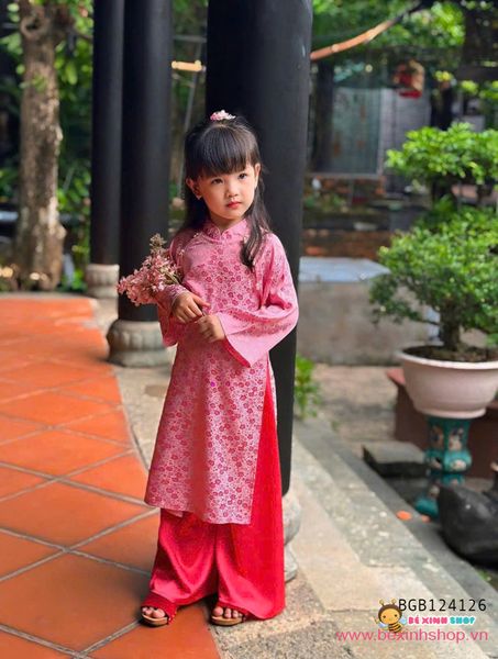 Set áo dài gấm 2 da đính cườm đôi dễ thương cho bé gái BGB124125