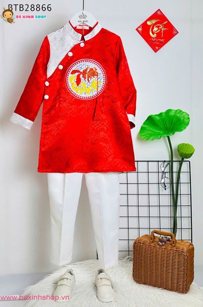 Set áo dài bé trai gấm vân mây cao cấp thêu đắp cá kèm quần dễ thương cho bé trai BTB28866