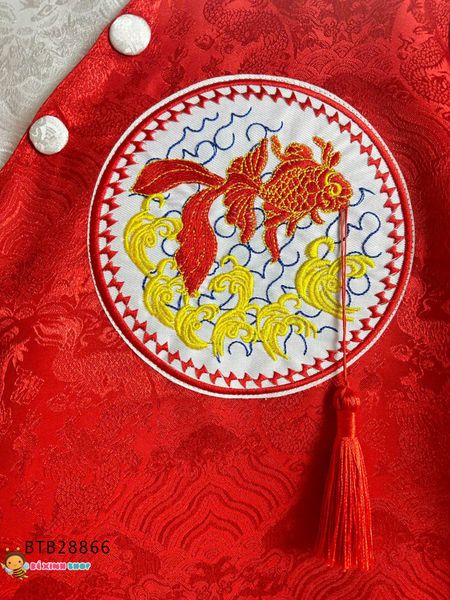 Set áo dài bé trai gấm vân mây cao cấp thêu đắp cá kèm quần dễ thương cho bé trai BTB28866