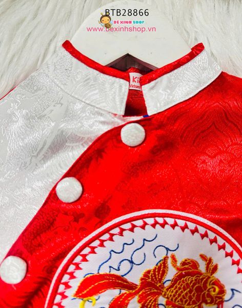 Set áo dài bé trai gấm vân mây cao cấp thêu đắp cá kèm quần dễ thương cho bé trai BTB28866