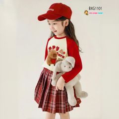 Set áo dài tay CAPYBARA chân váy caro kèm chip dễ thương cho bé gái BXG1101