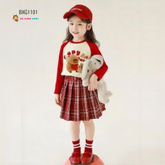 Set áo dài tay CAPYBARA chân váy caro kèm chip dễ thương cho bé gái BXG1101