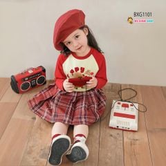 Set áo dài tay CAPYBARA chân váy caro kèm chip dễ thương cho bé gái BXG1101